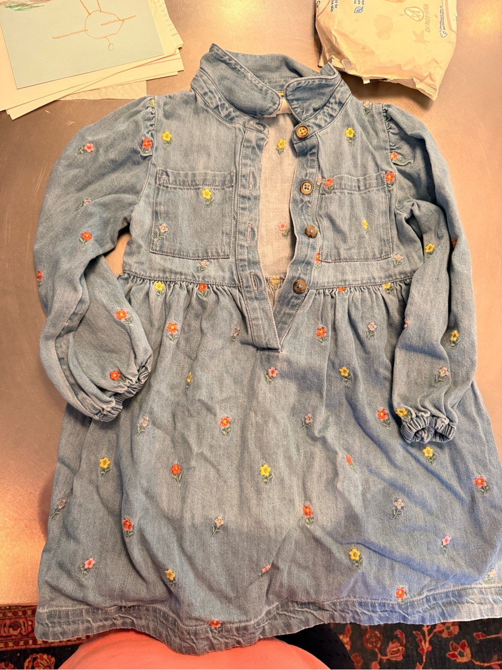 Boden Girl's Light Blue Denim Dress with Floral Embroidery